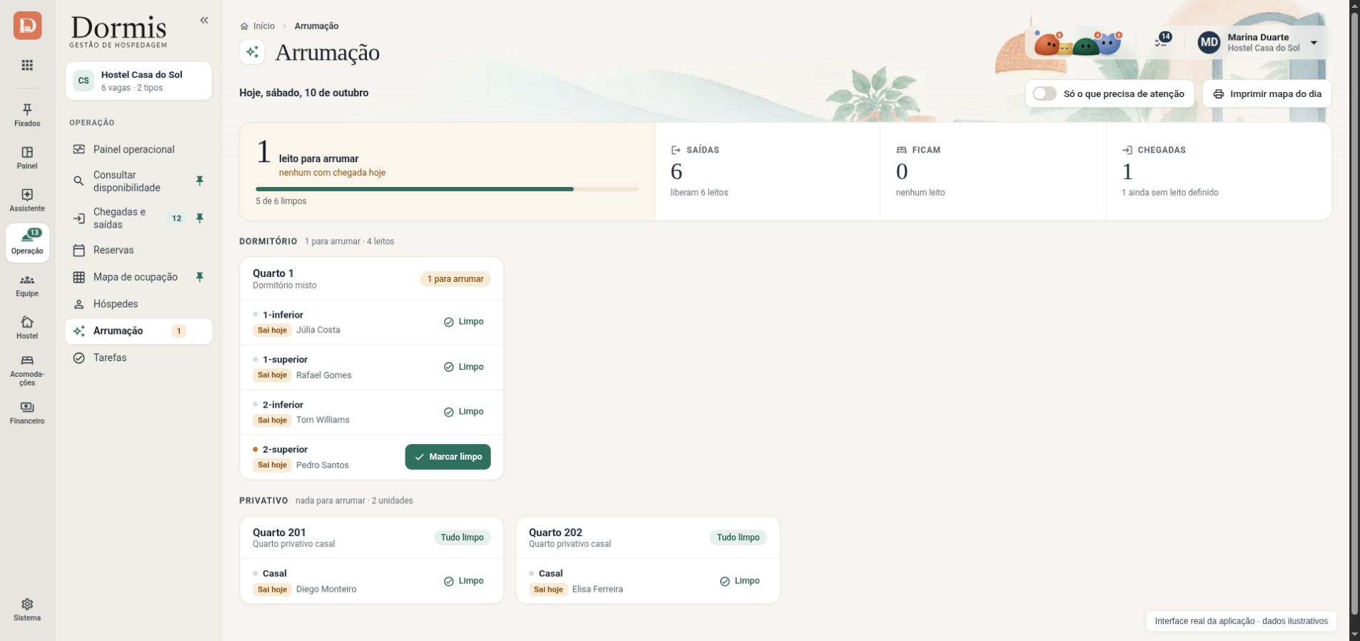 Interface real da arrumação Dormis, com leitos a preparar, saídas e estados de limpeza; nomes ilustrativos.